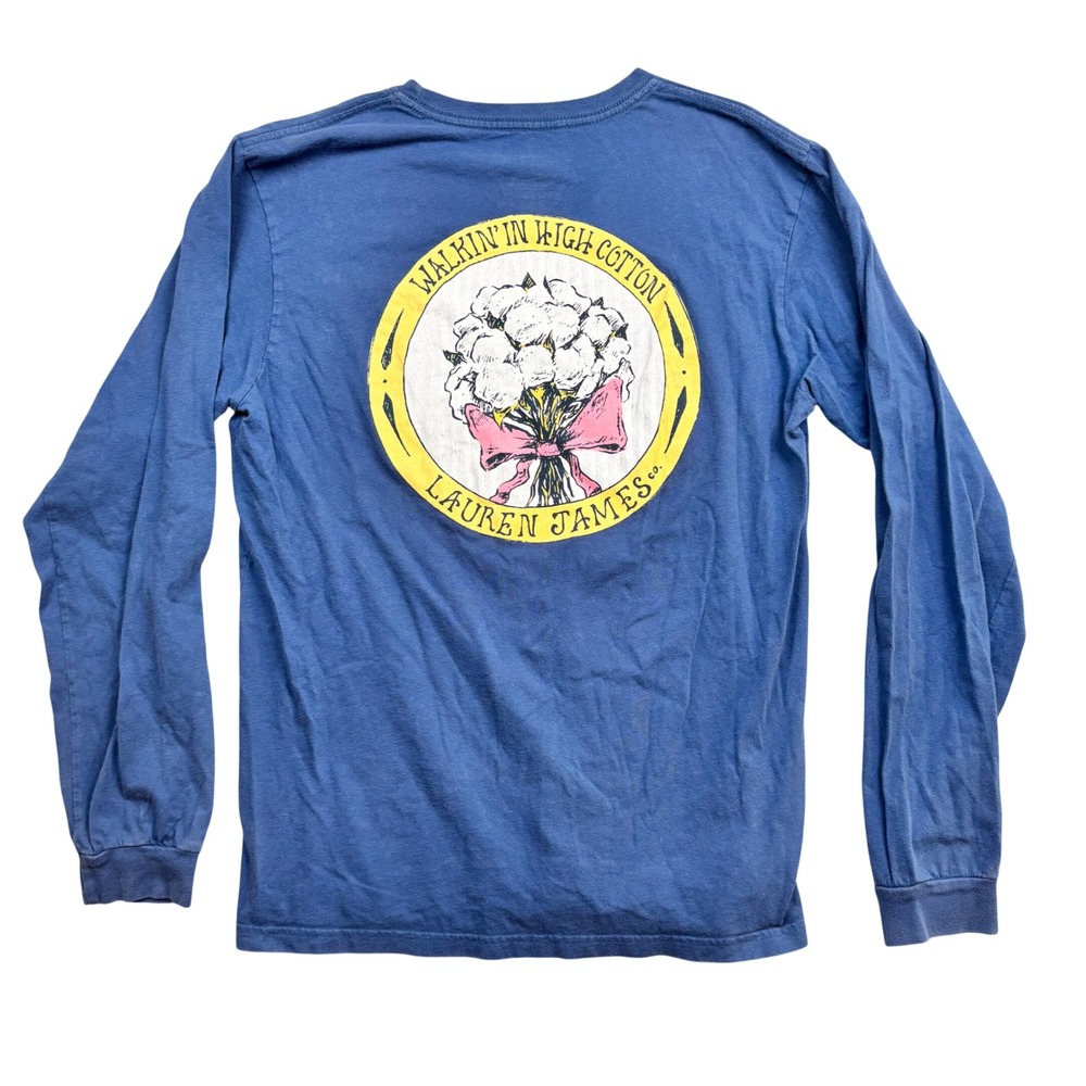 Lauren James Walkin in High Cotton Long Sleeve Pocket T-Shirt Blue Womens Medium